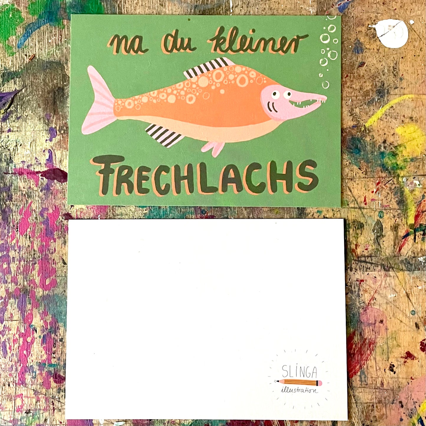 Postkarte Slinga //na du kleiner Frechlachs
