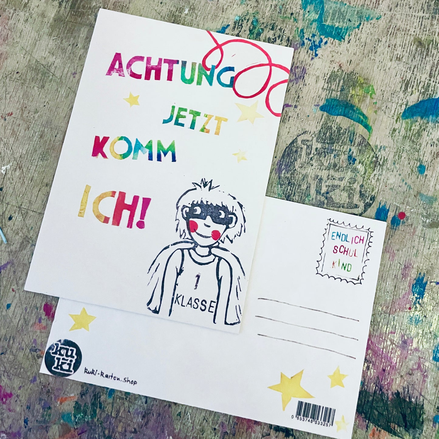 „Achtung jetzt komme ich “ kuki Einschulungs Postkarte
