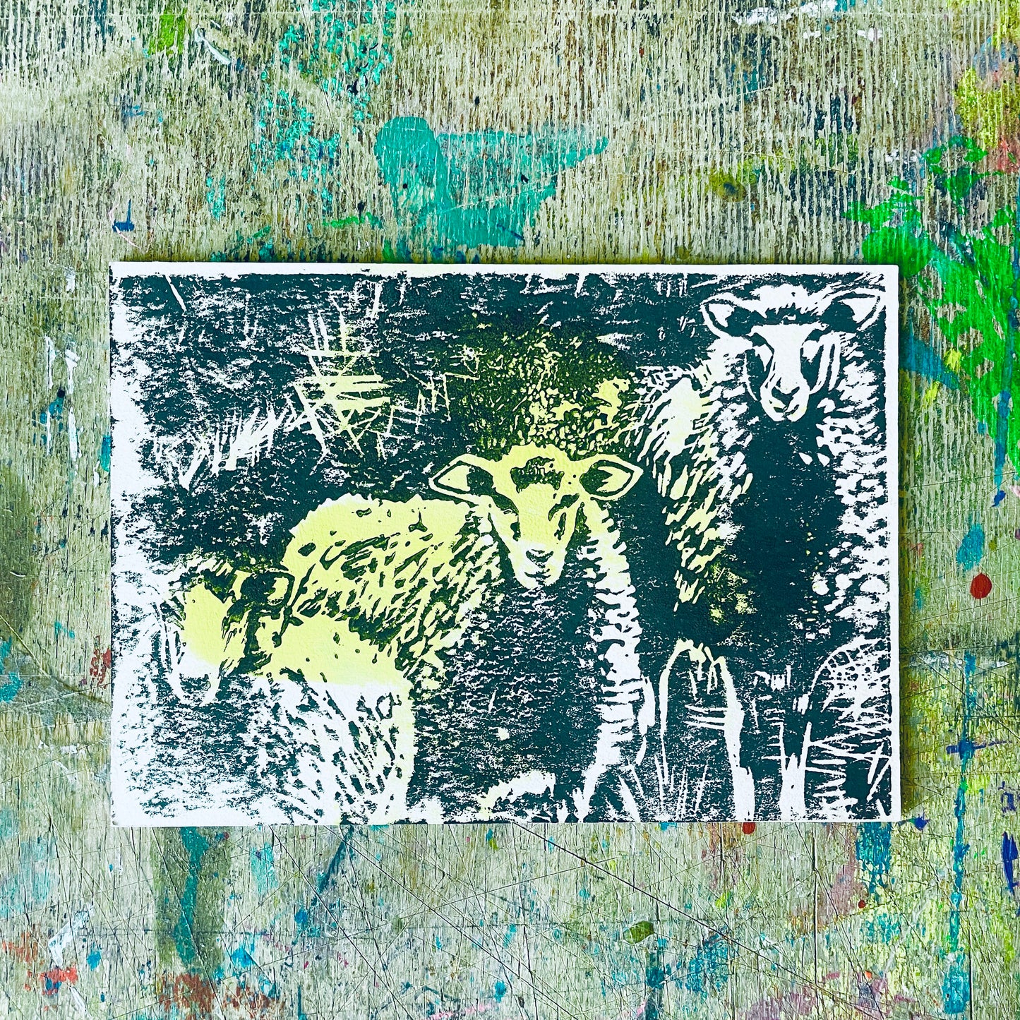 Postkarte Linoldruck Original // Schafe