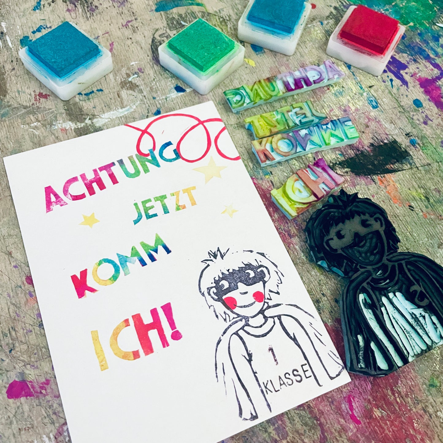 „Achtung jetzt komme ich “ kuki Einschulungs Postkarte
