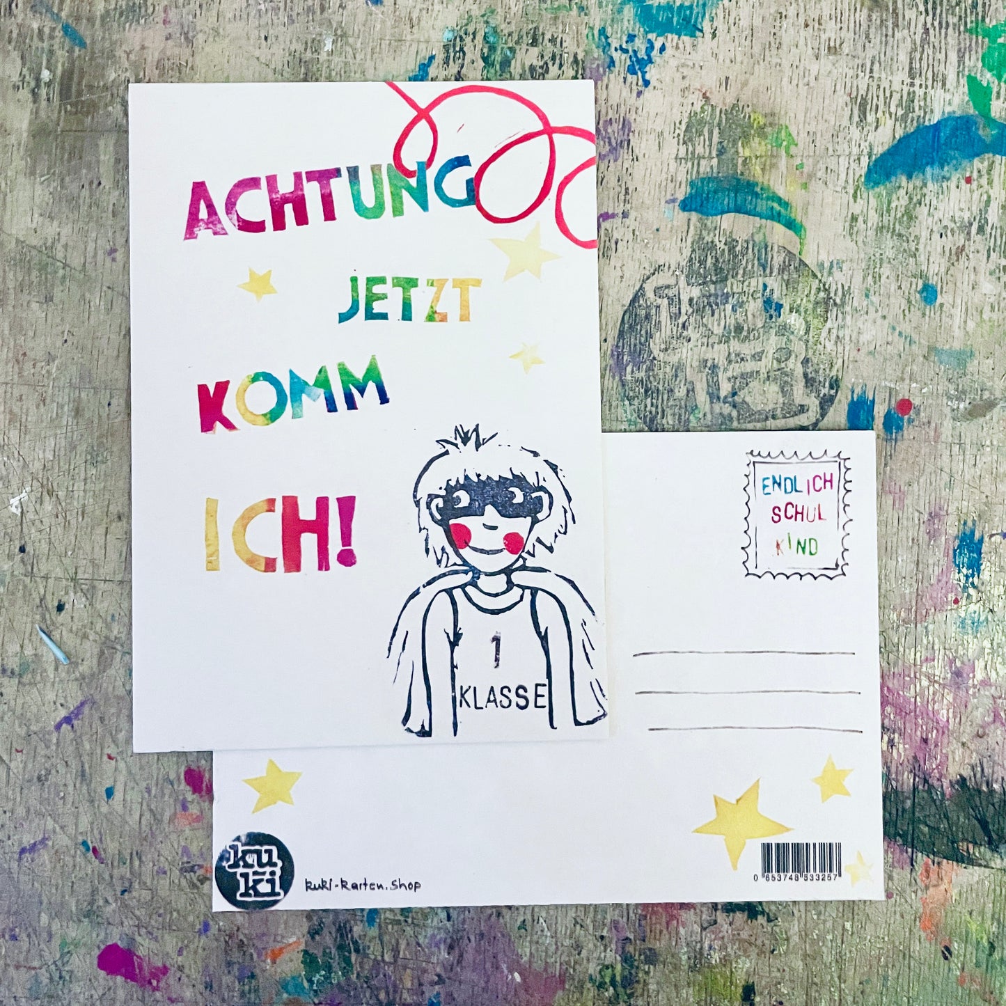 „Achtung jetzt komme ich “ kuki Einschulungs Postkarte