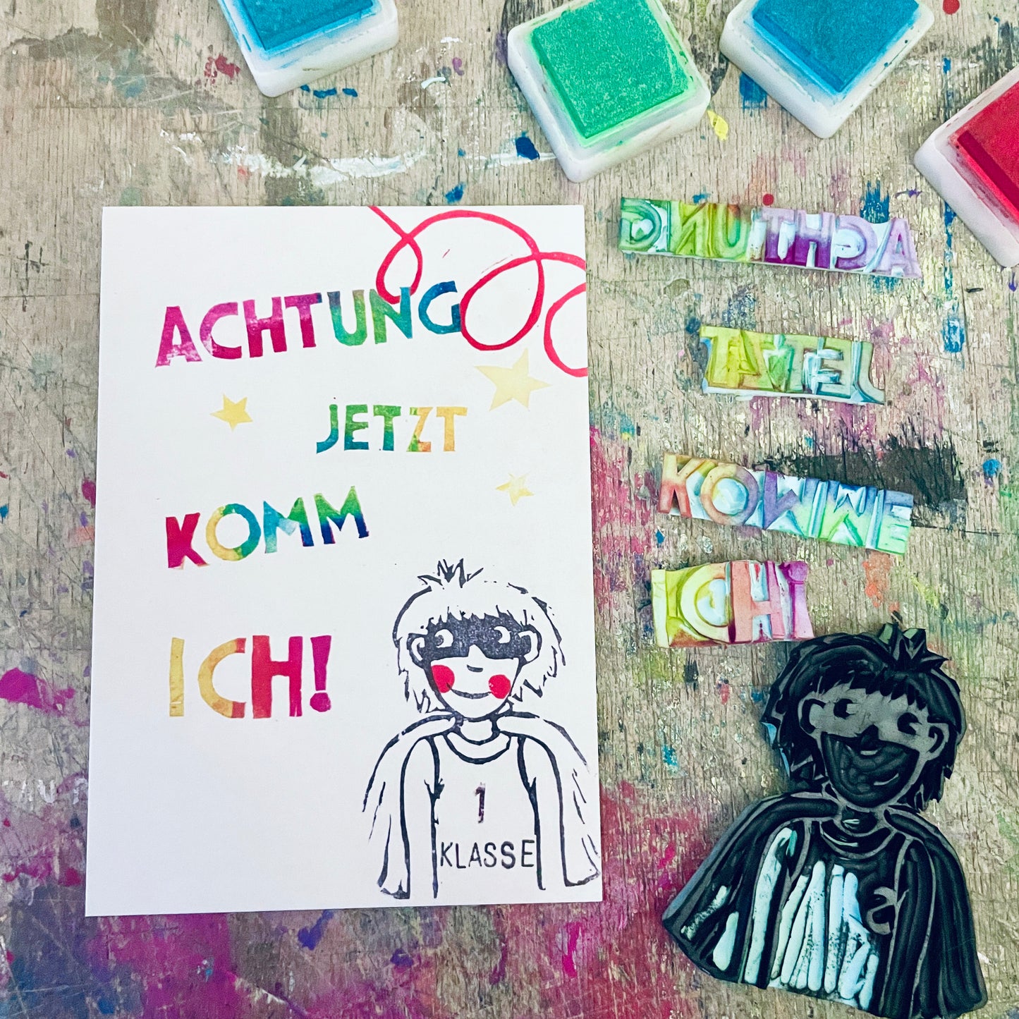„Achtung jetzt komme ich “ kuki Einschulungs Postkarte