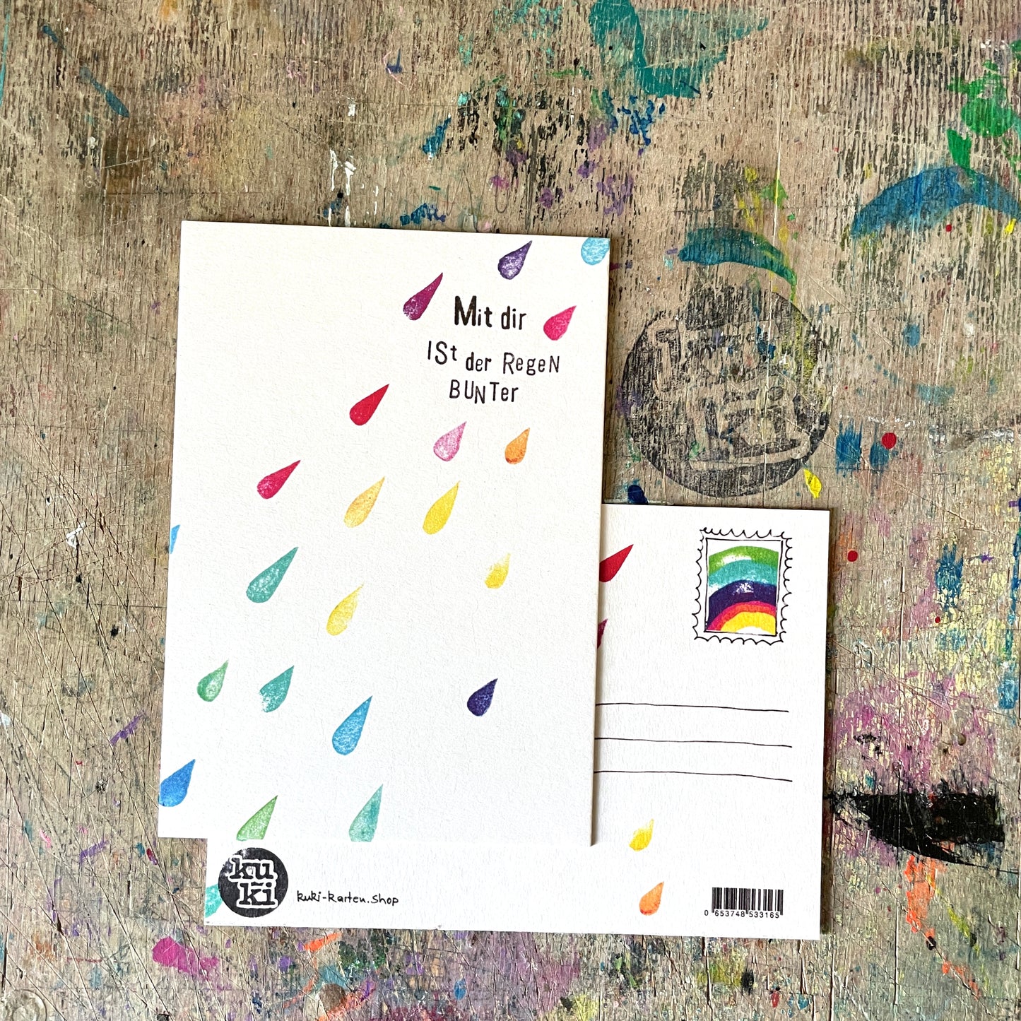 kuki Postkarte „Mit dir ist Regen bunter“