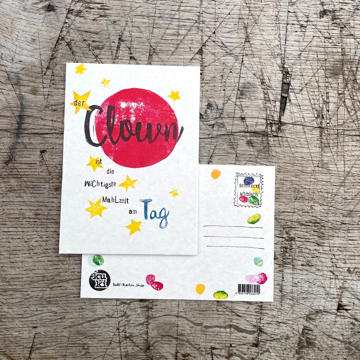 „Der Clown ist die wichtigste Malzeit an Tag" kuki Postkarte
