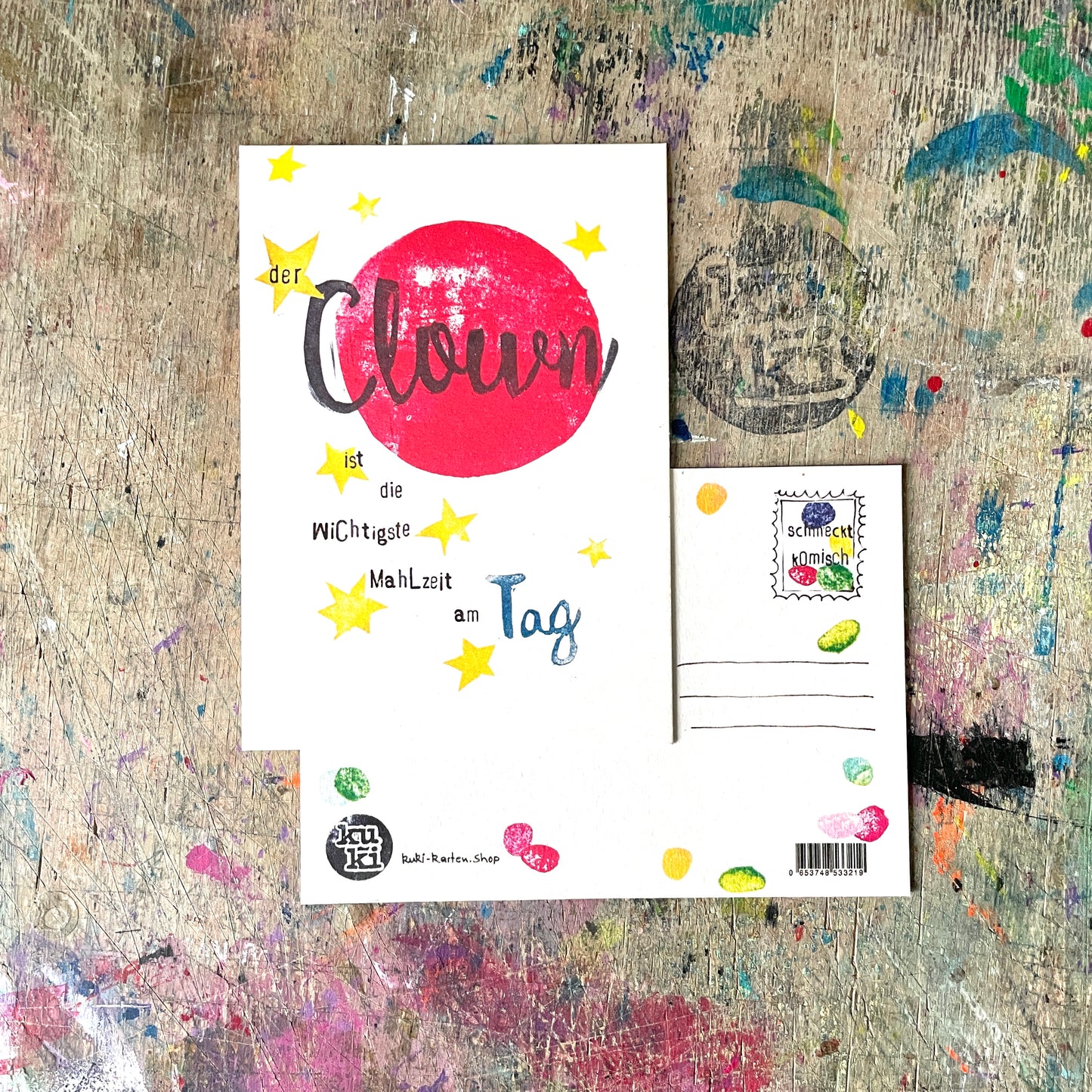 „Der Clown ist die wichtigste Malzeit an Tag" kuki Postkarte