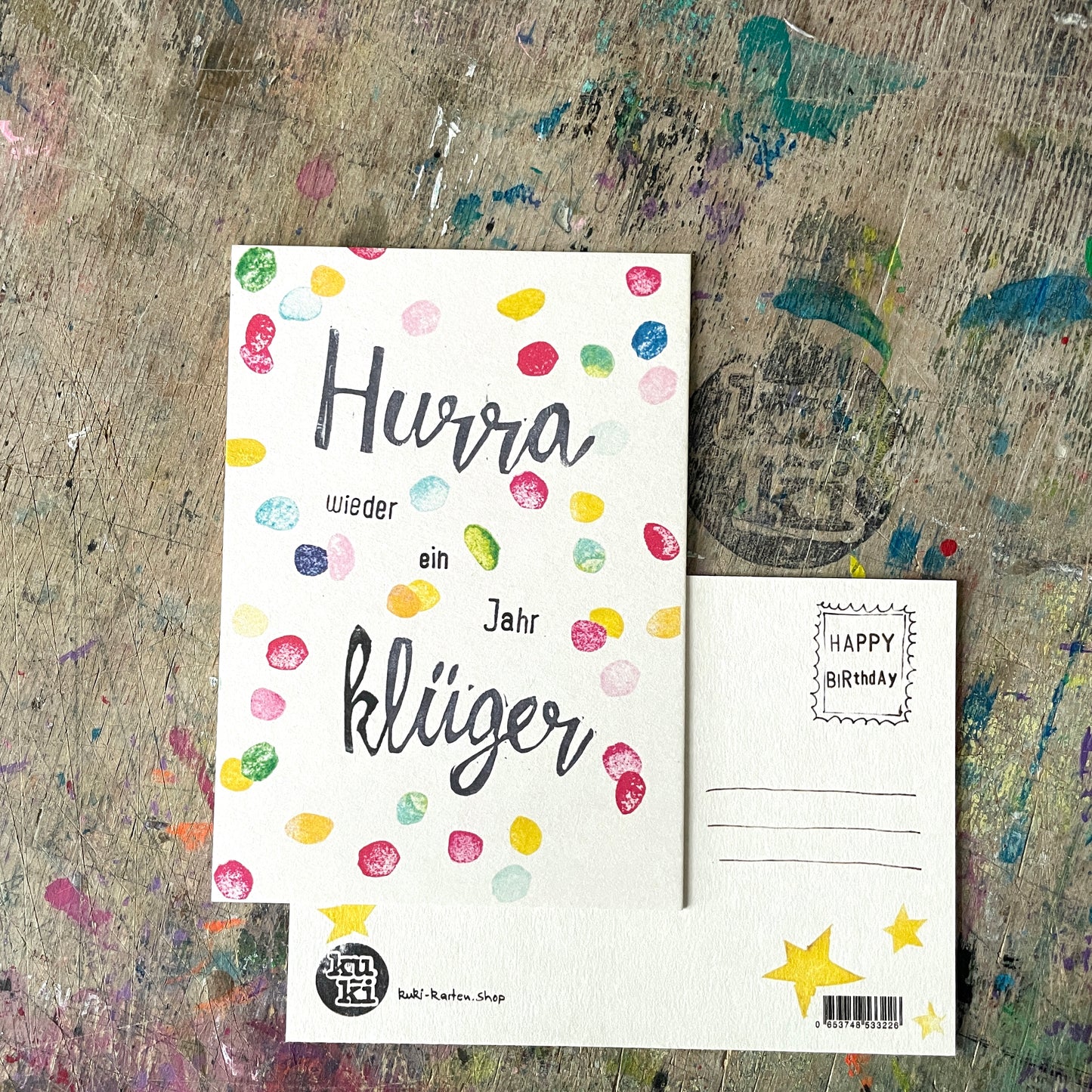 „Hurra wieder ein Jahr klüger" kuki Postkarte