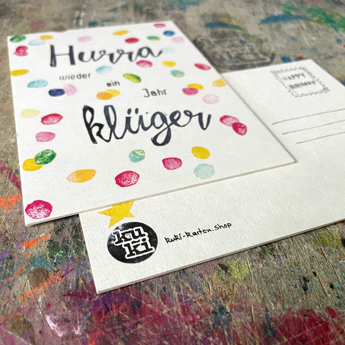 „Hurra wieder ein Jahr klüger" kuki Postkarte