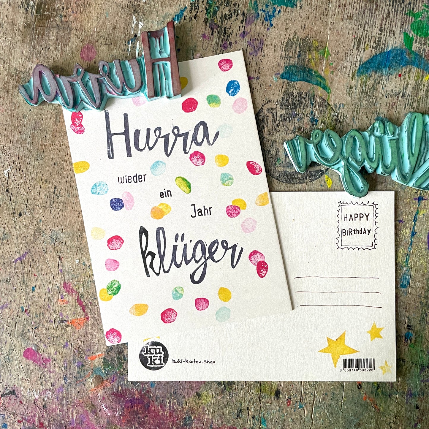 „Hurra wieder ein Jahr klüger" kuki Postkarte