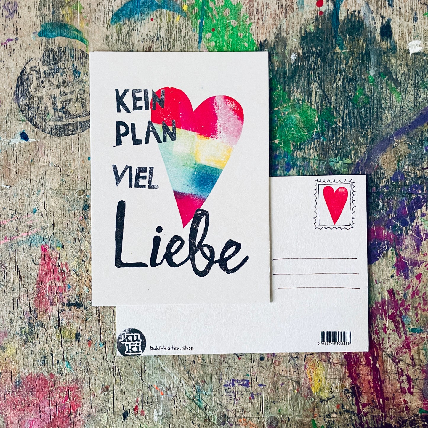 „keinen Plan viel Liebe“ (buntes Herz) kuki Postkarte