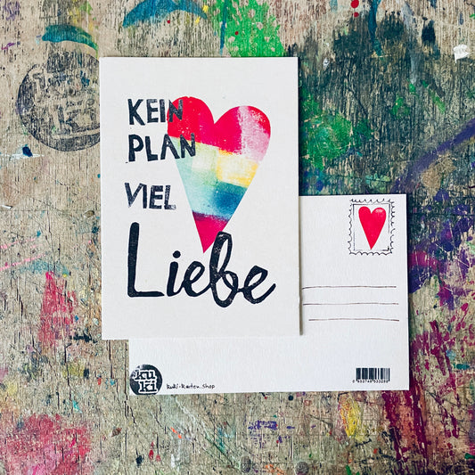 „keinen Plan viel Liebe“ (buntes Herz) kuki Postkarte