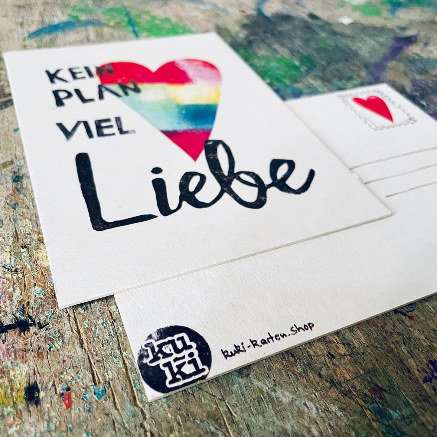 „keinen Plan viel Liebe“ (buntes Herz) kuki Postkarte
