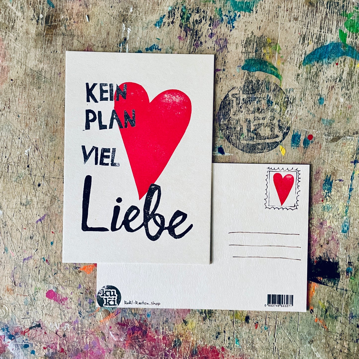 „keinen Plan viel Liebe“ (rotes Herz) kuki Postkarte
