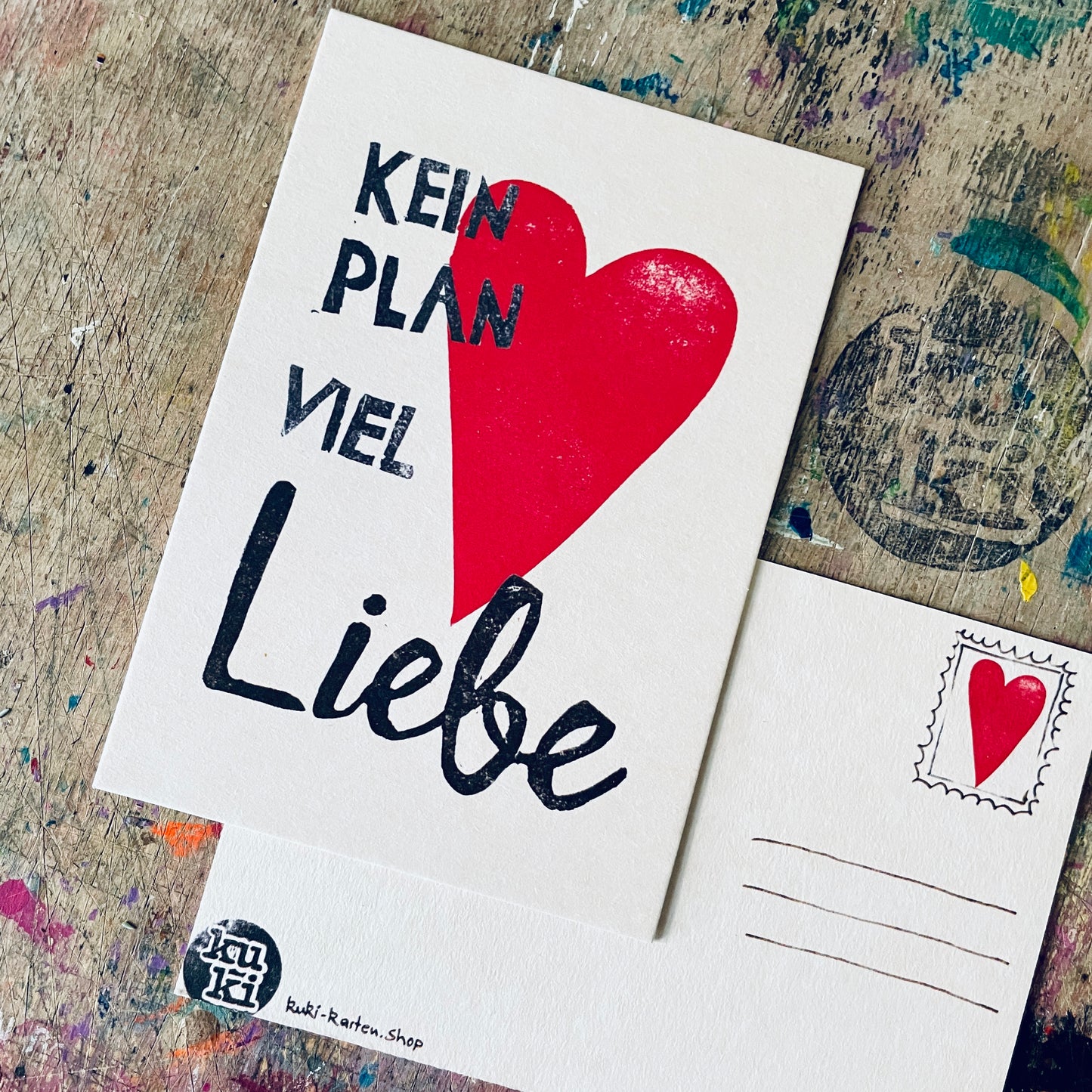„keinen Plan viel Liebe“ (rotes Herz) kuki Postkarte