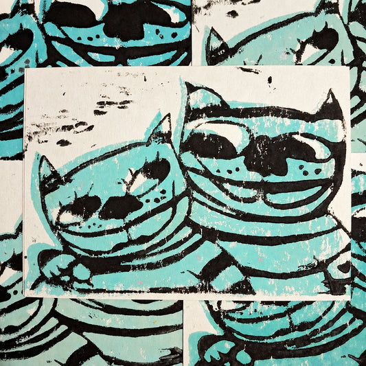 Postkarte Linoldruck Original // Love Cats
