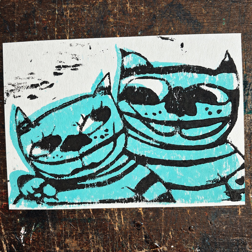 Postkarte Linoldruck Original // Love Cats