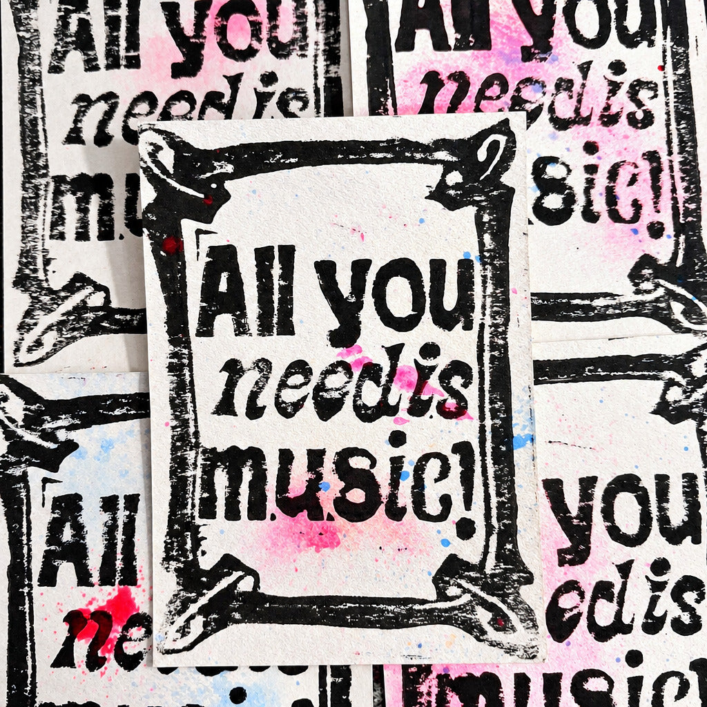 Postkarte Linoldruck Original // All You Need is Music