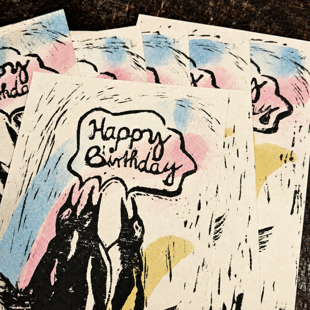 Postkarte Linoldruck Original // hAPPy Bday PinGUiNe