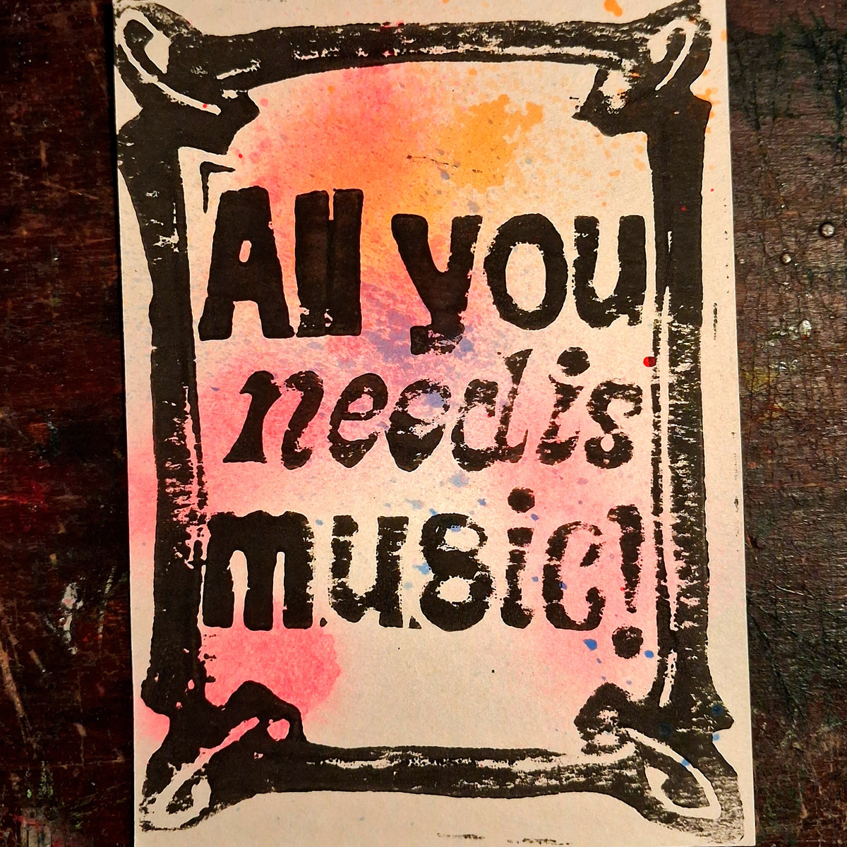 Postkarte Linoldruck Original // All You Need is Music