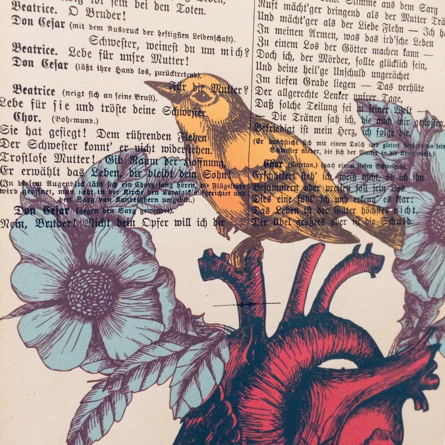 Vintage Seite Heart Flowers and Bird